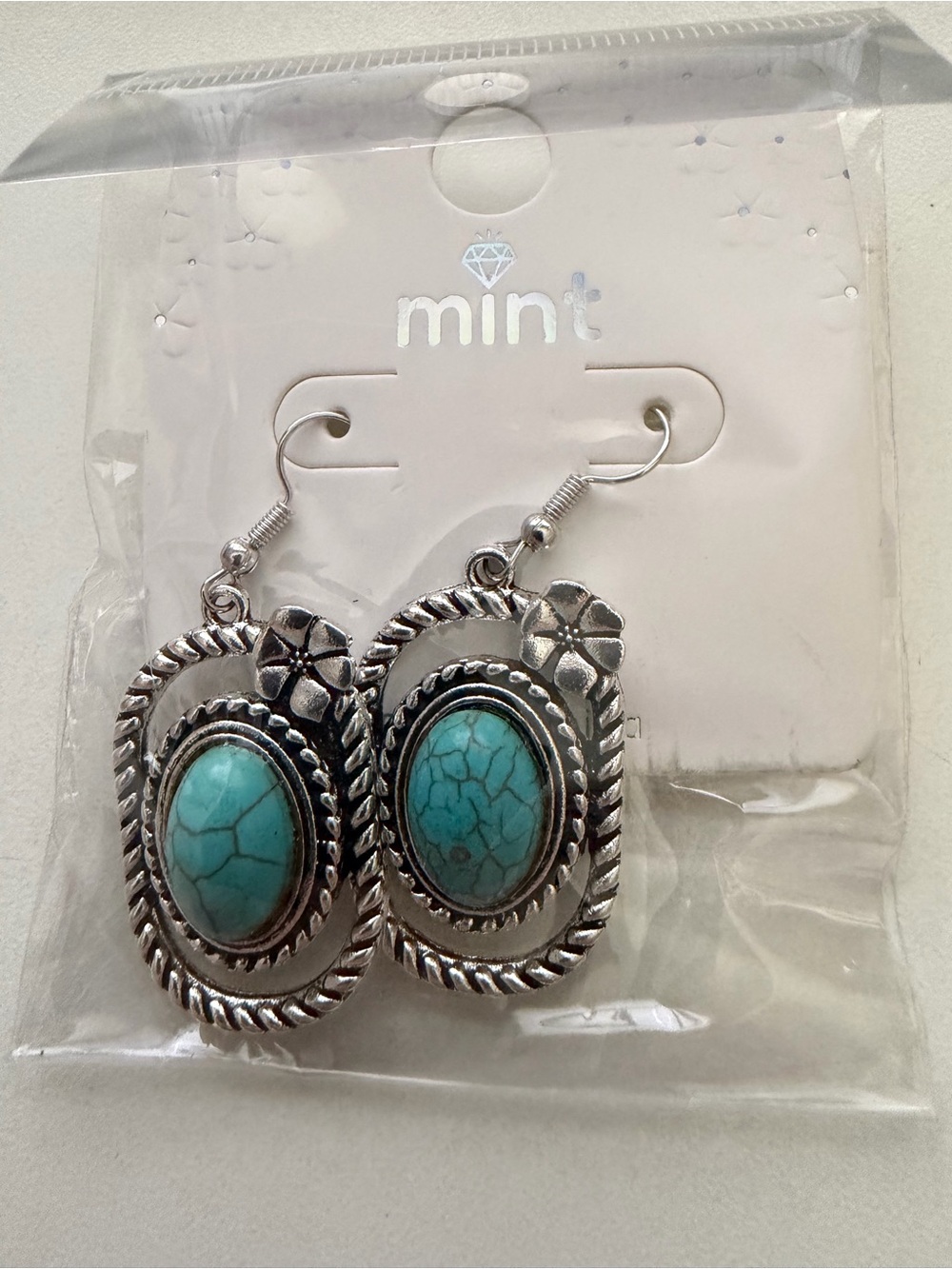 Mint Silver-Tone Turquoise Oval Dangle Earrings